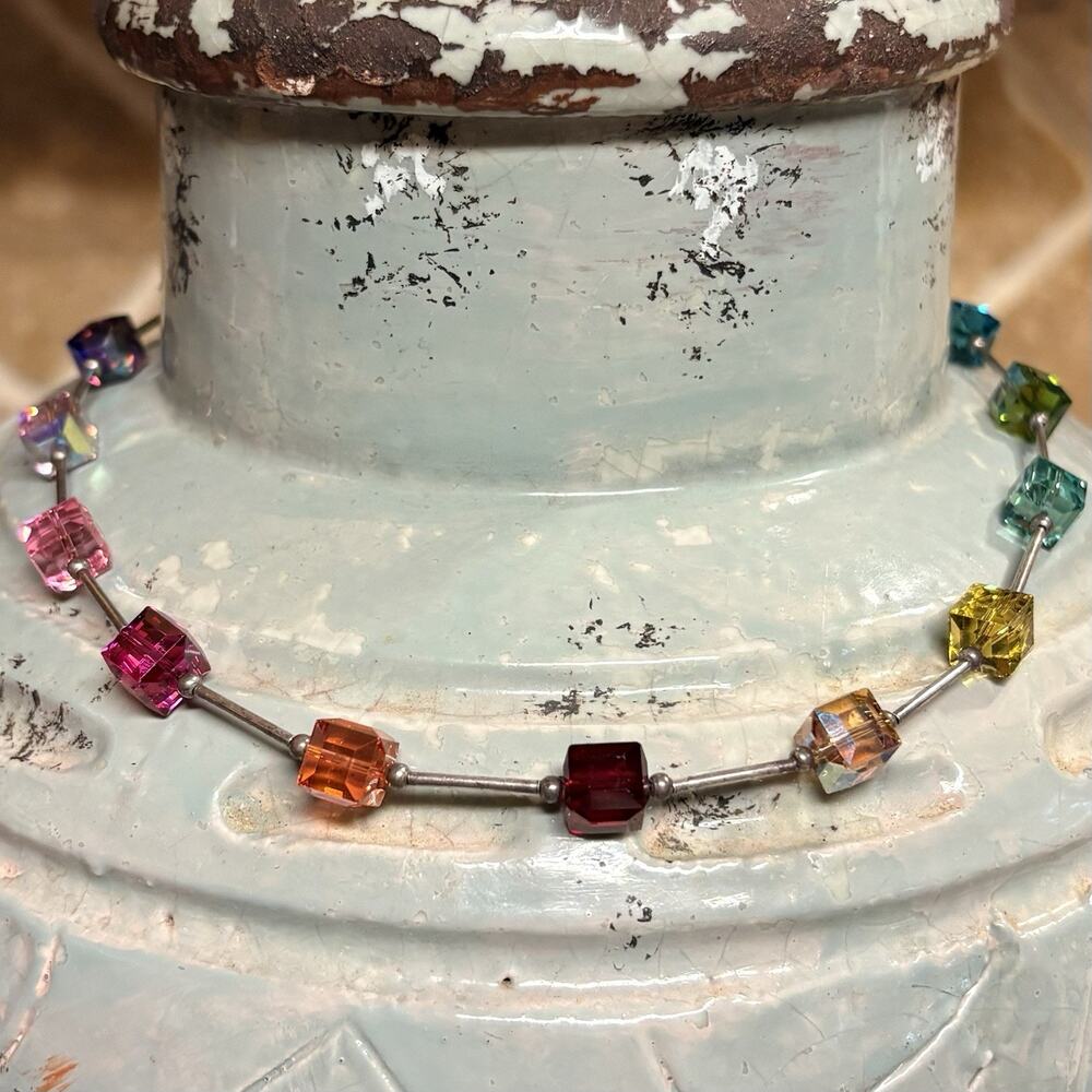 Emily Ray Necklace Sterling Silver with Multi Color Crystals Cubes Vintage